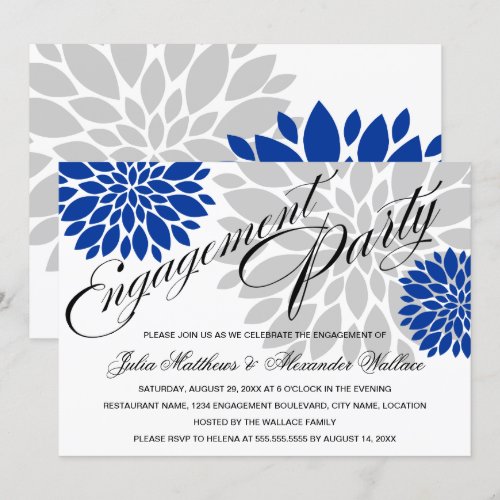 Royal Blue Silver Floral Burst Engagement Party Personalized Invite