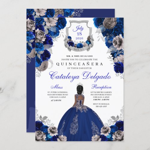 Royal Blue  Silver Floral Elegant Quinceaera Invitation