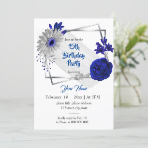 royal blue silver floral geometric birthday invitation