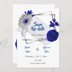 royal blue silver floral geometric save the date invitation