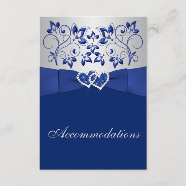 Royal Blue, Silver Floral, Hearts Enclosure Card (Front)