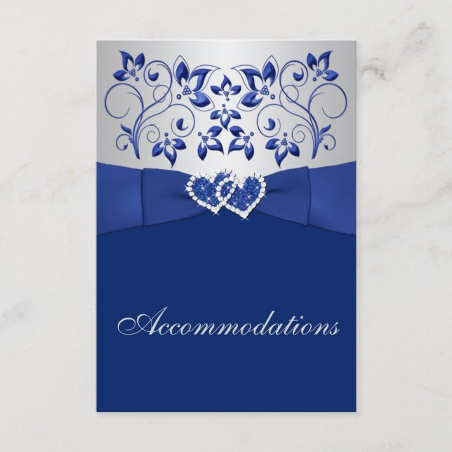 Royal Blue, Silver Floral, Hearts Enclosure Card (Front)