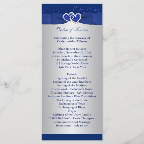 Royal Blue Silver Floral Hearts Wedding Program