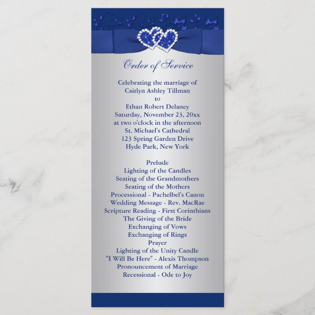 Royal Blue, Silver Floral Hearts Wedding Program (Front)