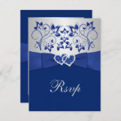 Royal Blue, Silver Floral, Hearts Wedding RSVP (Front/Back)