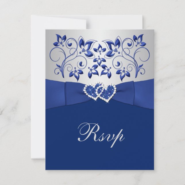 Royal Blue, Silver Floral, Hearts Wedding RSVP Card (Front)