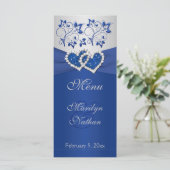 Royal Blue, Silver Floral Joined Hearts Menu Card (Standing Front)