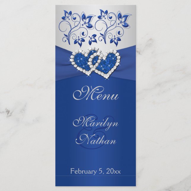 Royal Blue, Silver Floral Joined Hearts Menu Card (Front)