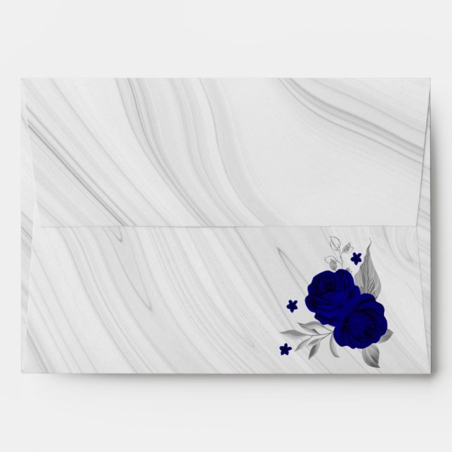 royal blue silver floral marble wedding envelope (Back (Top Flap))