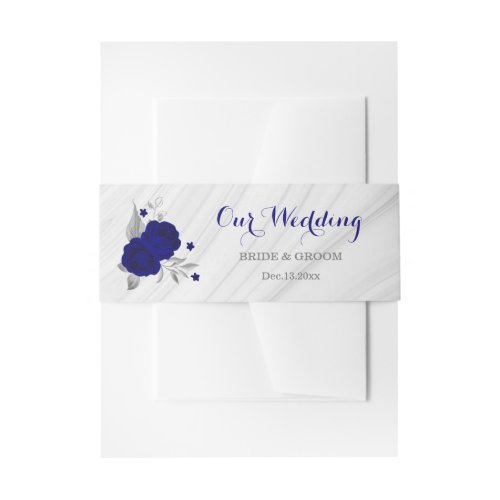 royal blue silver floral marble wedding invitation belly band