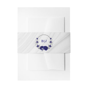 royal blue silver floral marble wedding invitation belly band