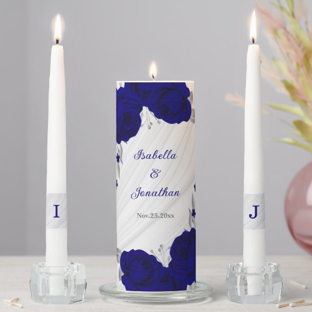 royal blue silver floral marble wedding unity candle set (In Situ)