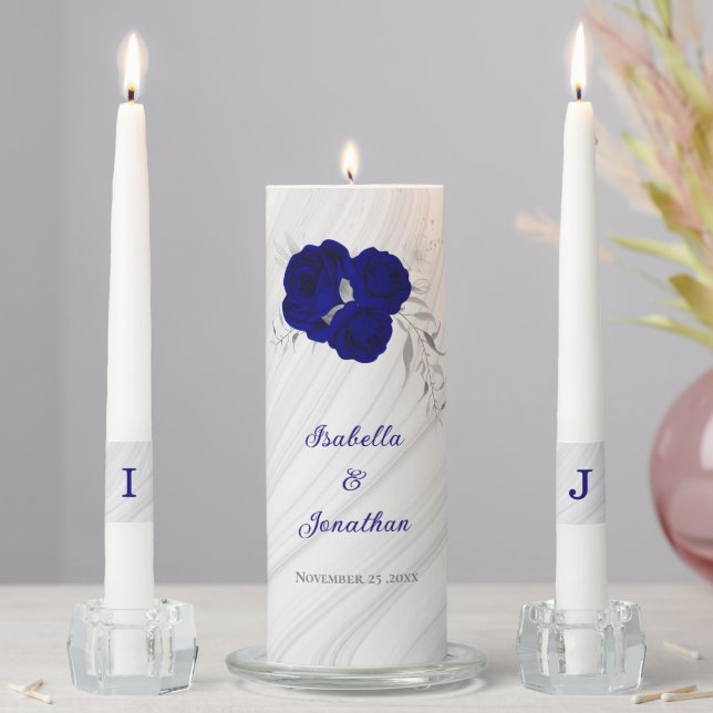 royal blue silver floral marble wedding unity candle set (In Situ)
