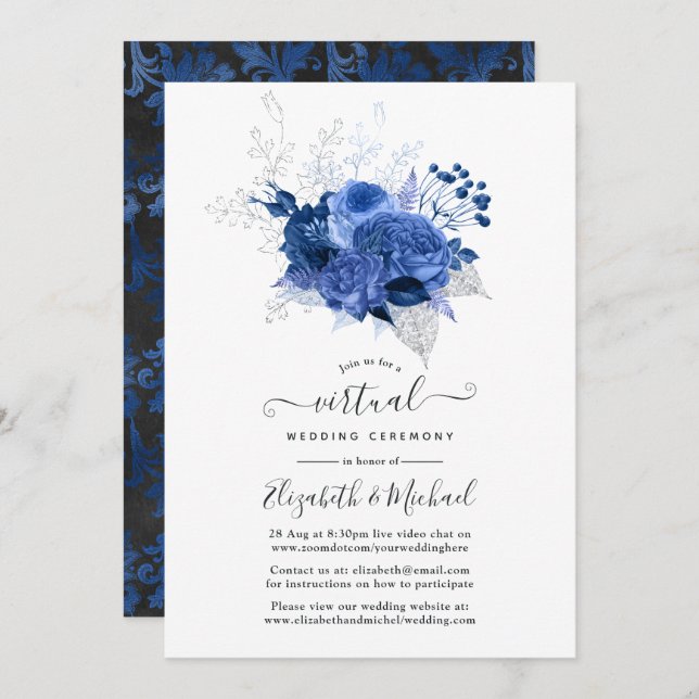 Royal Blue & Silver Floral Online Virtual Wedding Invitation (Front/Back)