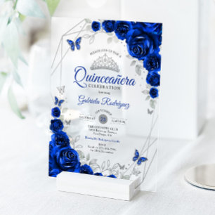 Royal Blue Silver Floral Quinceanera Acrylic Invitations