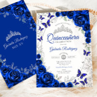 Royal Blue Silver Floral Quinceanera