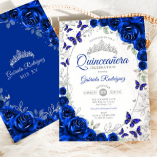 Royal Blue Silver Floral Quinceanera Invitation