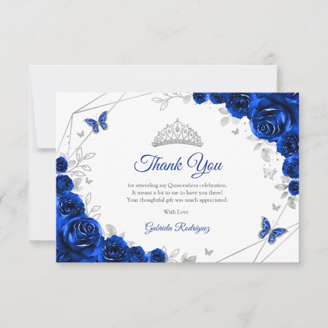 Royal Blue Silver Floral Quinceanera Thank You Card (Front)