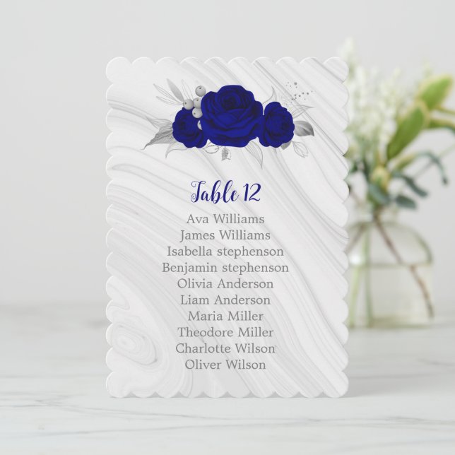 royal blue silver floral seating chart invitation (Standing Front)