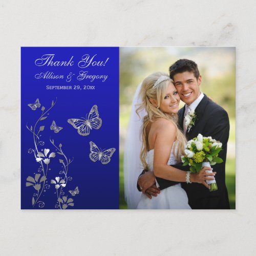 Royal Blue Silver Floral Thank You Photo Postcard