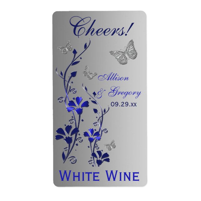 Royal Blue, Silver Floral Wedding Bottle Label 2 (Front)