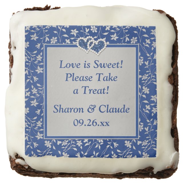 Royal Blue, Silver Floral Wedding Brownies (Front)