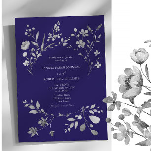 Royal Blue Silver Floral Wedding Invite