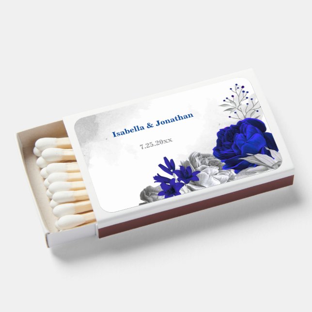 royal blue silver floral wedding matchboxes (Front Open)