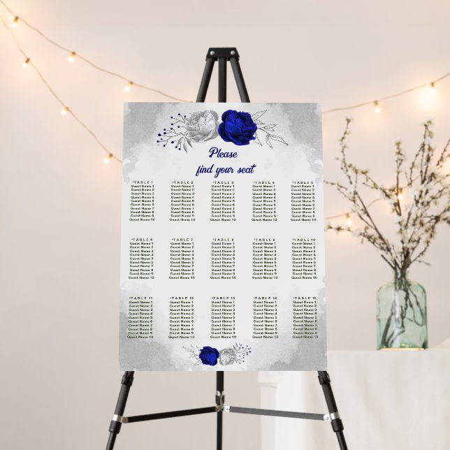 royal blue silver floral wedding seating chart foam board (In Situ (Stand))