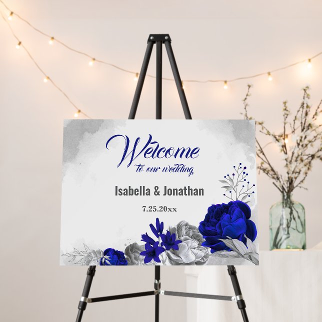 royal blue silver floral wedding welcome sign (In Situ (Stand))