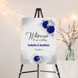 royal blue silver floral wedding welcome sign