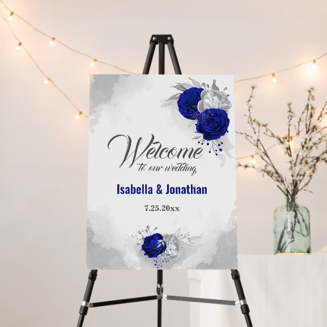 royal blue silver floral wedding welcome sign (In Situ (Stand))