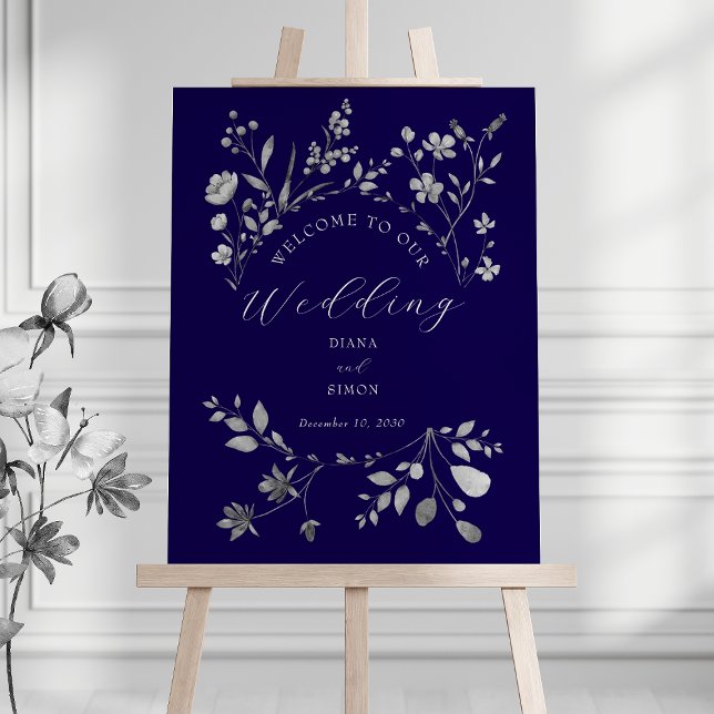 Royal Blue Silver Floral Wedding Welcome Sign (Creator Uploaded)