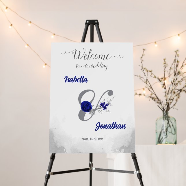 royal blue silver floral wedding welcome sign (In Situ (Stand))