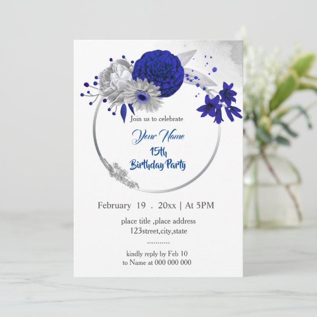 royal blue silver floral wreath birthday invitation (Standing Front)