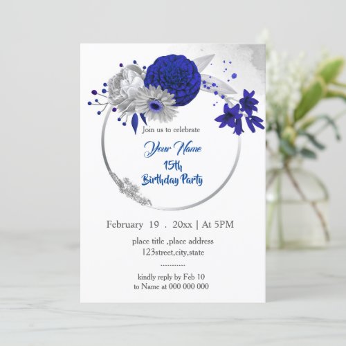 royal blue silver floral wreath birthday invitation