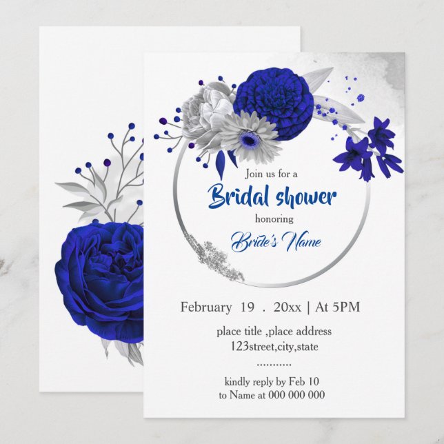 royal blue silver floral wreath bridal shower invitation (Front/Back)