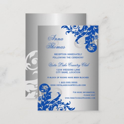 Royal Blue Silver Flourish Wedding Details Enclosure Card