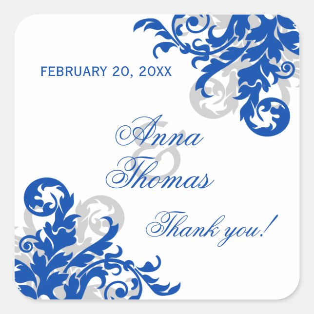 Royal Blue Silver Flourish Wedding Favor Seals (Front)