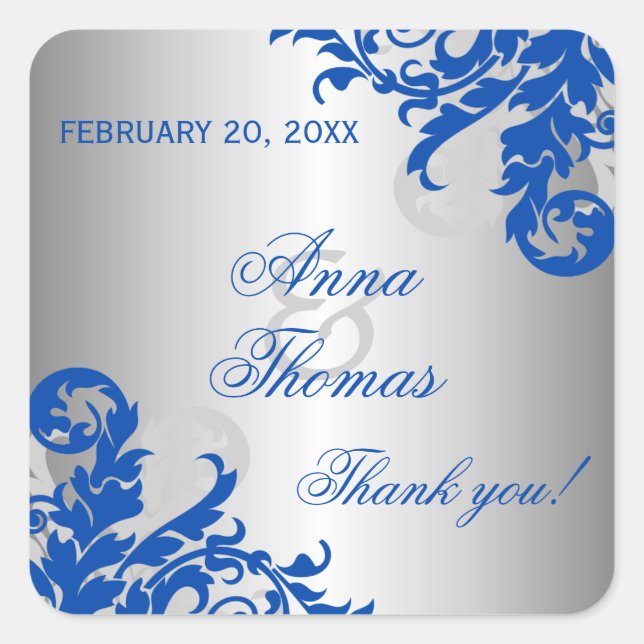Royal Blue Silver Flourish Wedding Favor Square Sticker (Front)