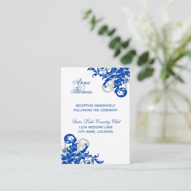Royal Blue Silver Flourish Wedding Reception Enclosure Card (Standing Front)