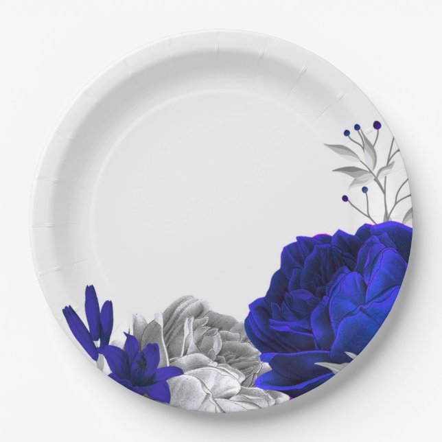 royal blue & silver flowers botanical paper plates (Front)