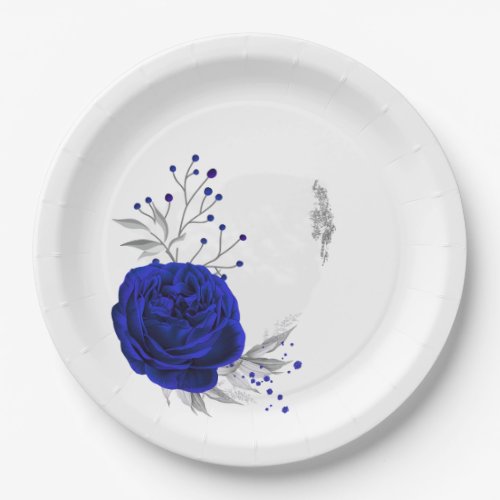 royal blue  silver flowers botanical paper plates