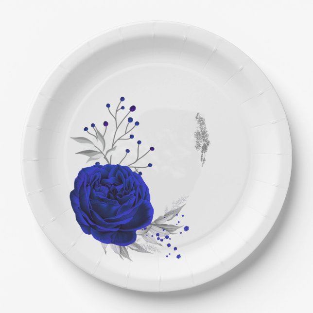 royal blue & silver flowers botanical paper plates (Front)