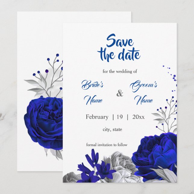 royal blue  silver flowers botanical save the date invitation (Front/Back)
