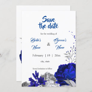 royal blue silver flowers botanical save the date invitation