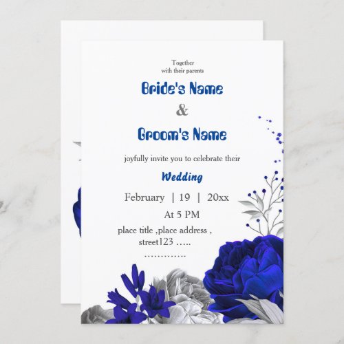 royal blue  silver flowers botanical wedding invitation
