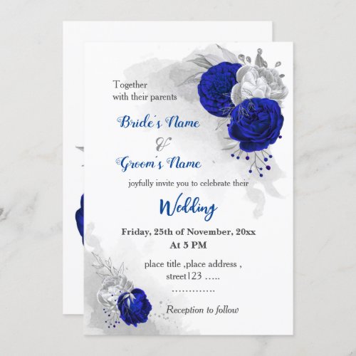 royal blue  silver flowers botanical wedding invitation