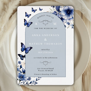Royal Blue Silver Flowers Butterfly Wedding Arch Foil Invitation