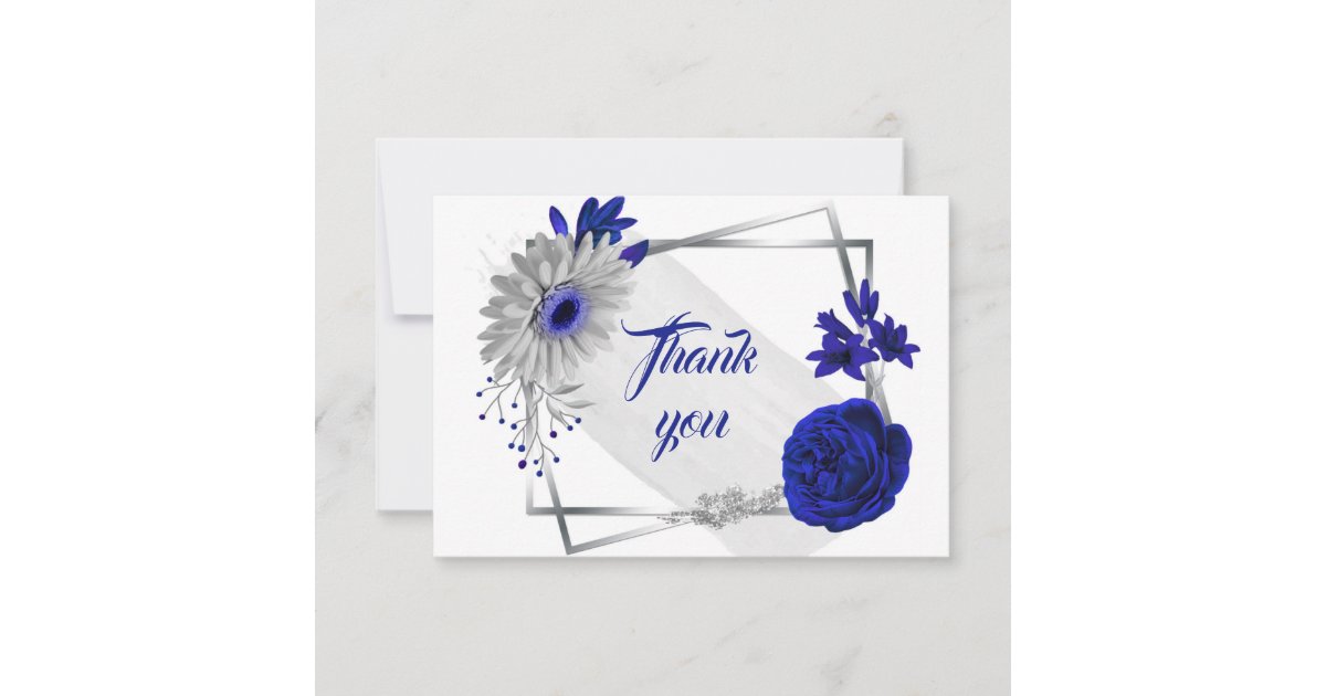 royal blue silver flowers geometric thank you card | Zazzle